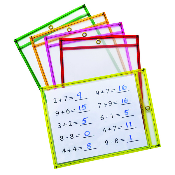 Pacon Dry Erase Pockets, 5 Assorted Neon Colors, 9in x 12in, PK 10 PAC9896
